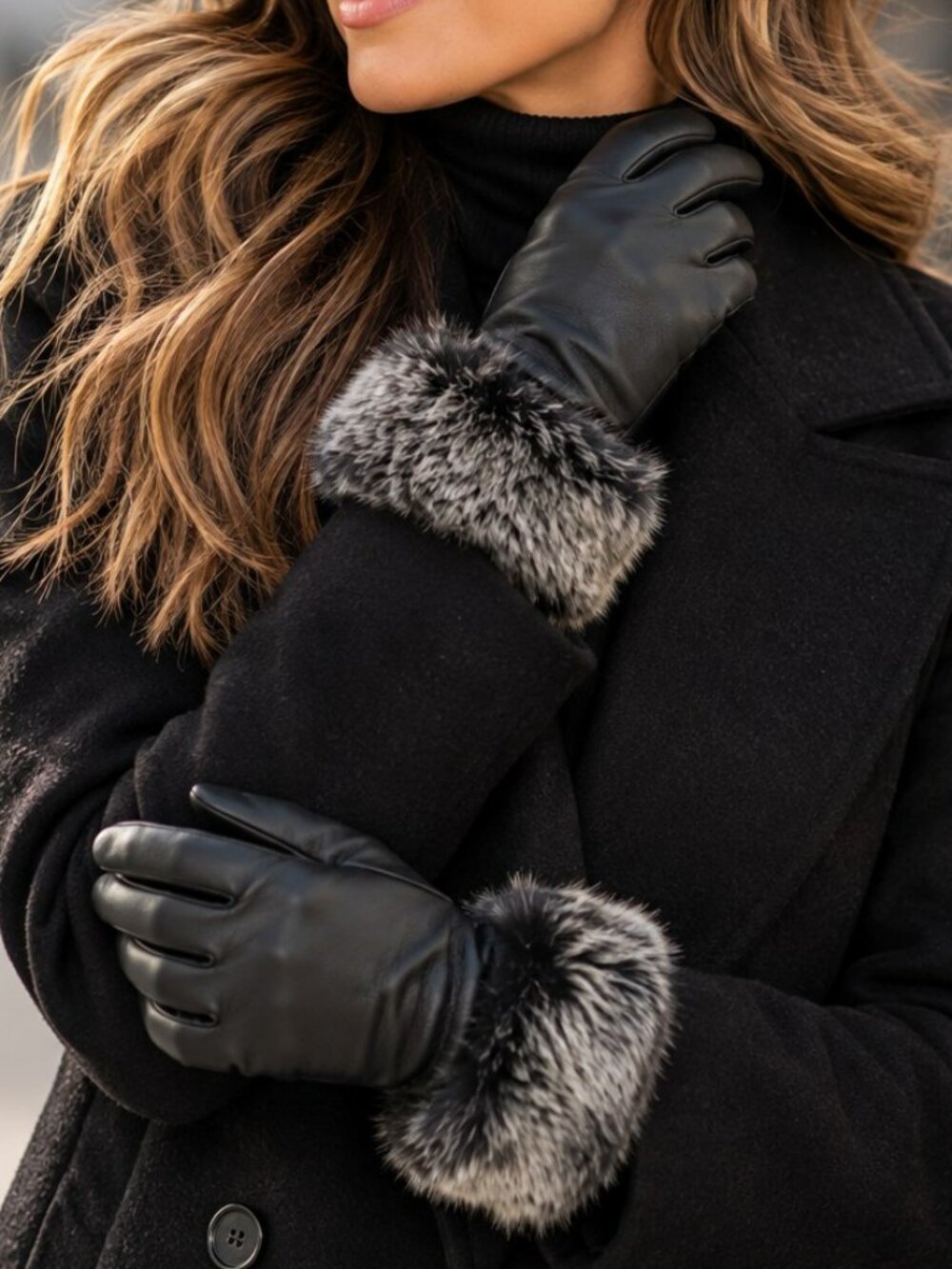 Mercer & Madison Leather Rabbit Fur Gloves Black Size Large